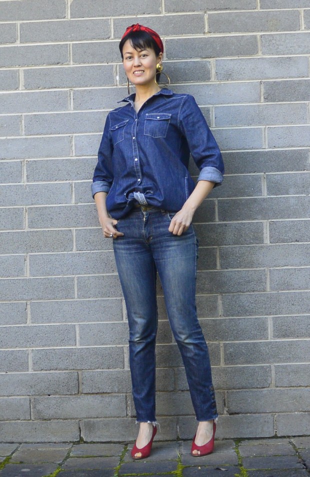 denim bandanna earrings shirt