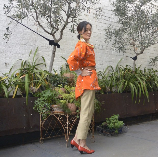 orange embroidered shirt